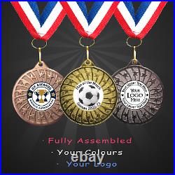 100 x Personalised Football Medals + Ribbon + Engraving + Your Own Logo