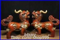 10 Pure Bronze 24K Gold Silver Fengshui Dragon Pixiu Beast Animal Statue Pair