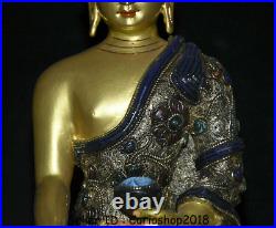 11.6 Tibet Bronze 24K Gold Gilt Silver Wire Inlay Gem Shakyamuni Buddha Statue