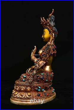 12'' Nepal bronze gold gilding silver filigree inlay gem buddhism White Tara