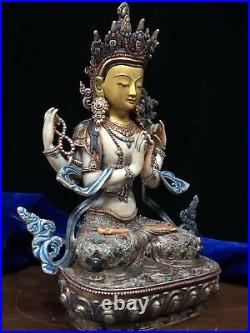 12''old tibet copper silver gold inlay turquoise red coral four arm Guanyin