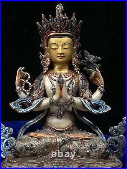 12''old tibet copper silver gold inlay turquoise red coral four arm Guanyin