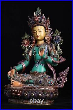 13'' Nepal bronze gold silver filigree inlay turquoise Green tara Bodhisattva