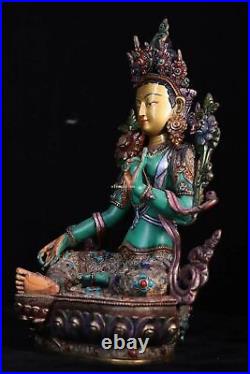 13'' Nepal bronze gold silver filigree inlay turquoise Green tara Bodhisattva