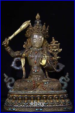 13'' Nepal bronze gold silver white crystal Turquoise coral hold sword Manjusri