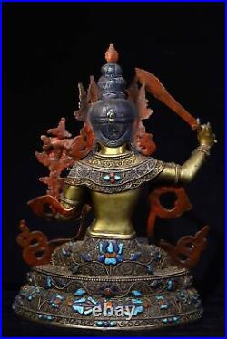 13'' Nepal bronze gold silver white crystal Turquoise coral hold sword Manjusri
