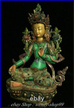 13 Tibet Bronze Gilt Gold Silver Wire turquoise Gem Green Tara Goddess Statue