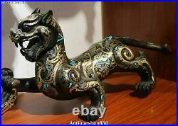 17 Bronze Ware 24K Gold Silver Turquoise Dragon Pixiu Tiger Beast Statue Pair