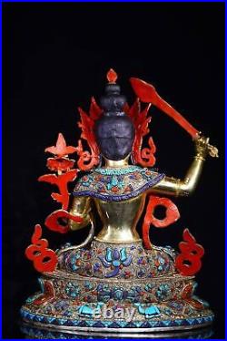 18''Nepal bronze gold silver filigree inlay Turquoise coral Manjusri bodhisattva