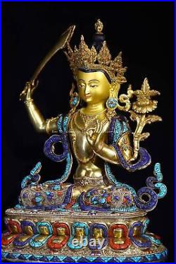 18''Nepal bronze gold silver filigree inlay Turquoise coral Manjusri bodhisattva