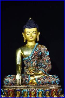18'' Nepal bronze gold silver filigree inlay Turquoise coral Sakyamuni buddha
