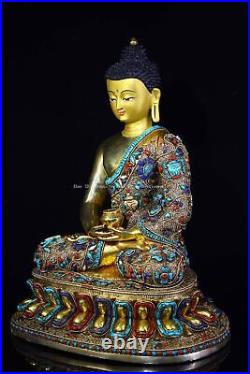 18'' Nepal bronze gold silver filigree inlay Turquoise coral Sakyamuni buddha