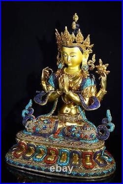 18'' tibet bronze gold gilding silver filigree turquoise Four-Armed Guanyin