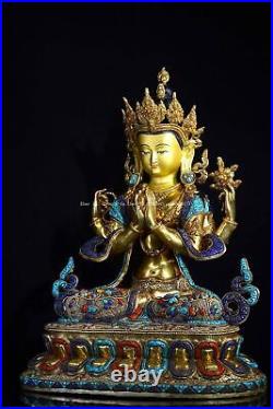 18'' tibet bronze gold gilding silver filigree turquoise Four-Armed Guanyin