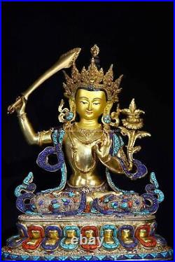 18''tibet bronze gold gilding silver filigree turquoise Gem Manjusri Bodhisattva