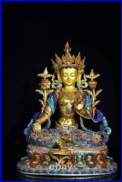18'' tibet bronze gold gilding silver filigree turquoise green tara Bodhisattva