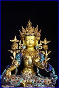 18'' tibet bronze gold gilding silver filigree turquoise green tara Bodhisattva