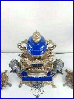 19th Cent Italian Lancini Gilt Bronze Mantel Clock Set Gold Blue Silver Rare