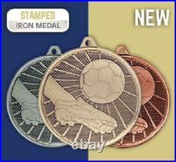 200 x Metal Football Medals & Ribbons. In Gold Silver or Bronze FREE ENGRAVING