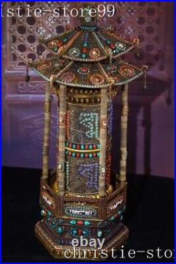 24 Tibet bronze silver Gilt filigree mosaic agate Dzi Beads gem prayer wheel