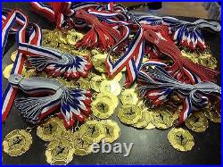 50mm Metal Medals + ribbons Gold/Silver/Bronze YOUR CUSTOMISED CENTRE