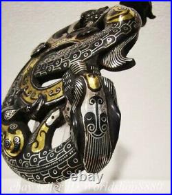 6.2 Old Chinese Bronze Gilt Silver Dynasty Dragon Phoenix Hook Gou Statue