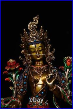 8.5 inch Nepal bronze gold inlay gem dzi silver buddhism white tara Bodhisattva