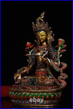8.5 inch Nepal bronze gold inlay gem dzi silver buddhism white tara Bodhisattva