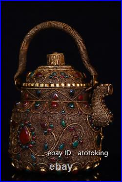 9.2Tibet Tibetan Buddhism Tibetan silver hand chiseled inlaid gems Treasure pot