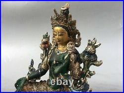 9'' tibet bronze silver gold filigree carved buddhism Green tara Bodhisattva