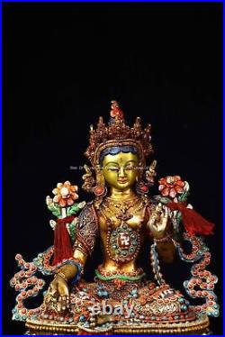 9'' tibet bronze silver inlay gem dzi Turquoise red coral buddhism white tara
