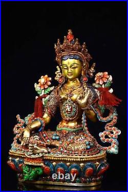 9'' tibet bronze silver inlay gem dzi Turquoise red coral buddhism white tara