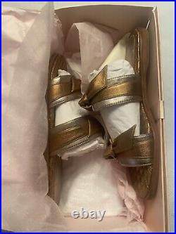 ALEXANDRE BIRMAN Clarita Leather Knot Two-Band Slides Metallic Bronze/Silver US5