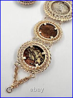 Ancient Roman 14k Yellow Gold Coin Silver Bronze Denarius Bracelet Earrings Set