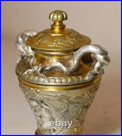 Antique 1800's ornate auguste delafontaine bronze silver gold urn pen inkwell