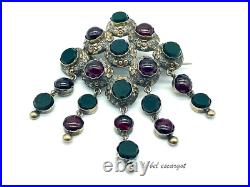 Antique French 19th Century Silver and Gold Brooch with Garnets & Jasper Dangles