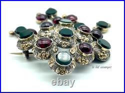Antique French 19th Century Silver and Gold Brooch with Garnets & Jasper Dangles