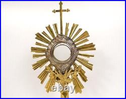 Antique French Silvered and Gilded Bronze Monstrance w Sterling Silver Luna 19th