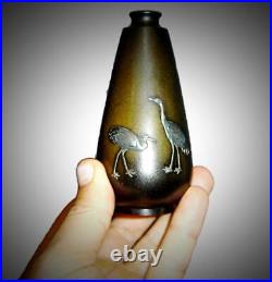 Antique Japanese Meiji Bronze Mixed Metal Gold Silver Two Cranes Bud Vase Signed