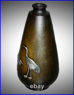 Antique Japanese Meiji Bronze Mixed Metal Gold Silver Two Cranes Bud Vase Signed