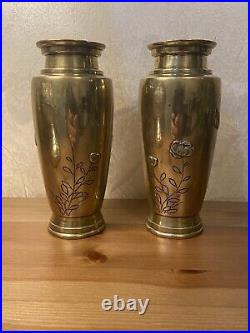 Antique Japanese Mixed Metal Pair Vases Bronze, Copper And Silver Meiji Era