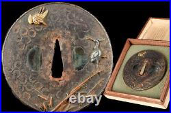 Antique Japanese Tsuba Sword Guard Katana Gold Silver Bronze Inlay Bird Heron