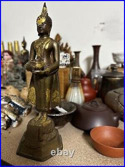 Antique Southeast Asia Buddha Yoga Bronze Gold Leaf Silver Eyes Handmade Statue