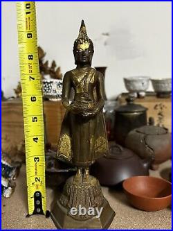 Antique Southeast Asia Buddha Yoga Bronze Gold Leaf Silver Eyes Handmade Statue