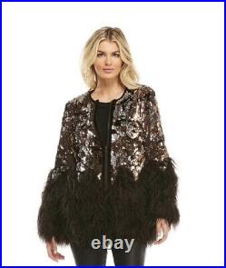 Bronze Sequin Shimmer Donna Salyers Faux Fur-Trimmed Jacket