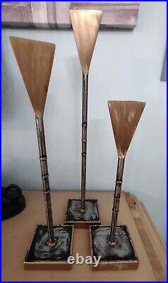 Brutalist signed brushed Brass or Bronze and silver metal Candle Sticks-(set3)