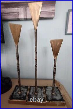 Brutalist signed brushed Brass or Bronze and silver metal Candle Sticks-(set3)