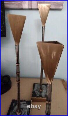 Brutalist signed brushed Brass or Bronze and silver metal Candle Sticks-(set3)