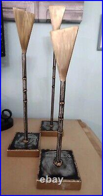 Brutalist signed brushed Brass or Bronze and silver metal Candle Sticks-(set3)