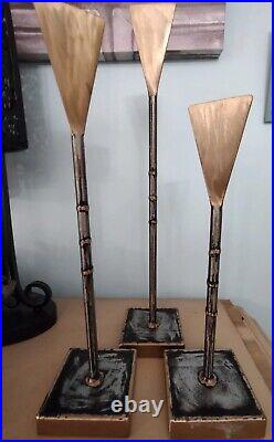 Brutalist signed brushed Brass or Bronze and silver metal Candle Sticks-(set3)